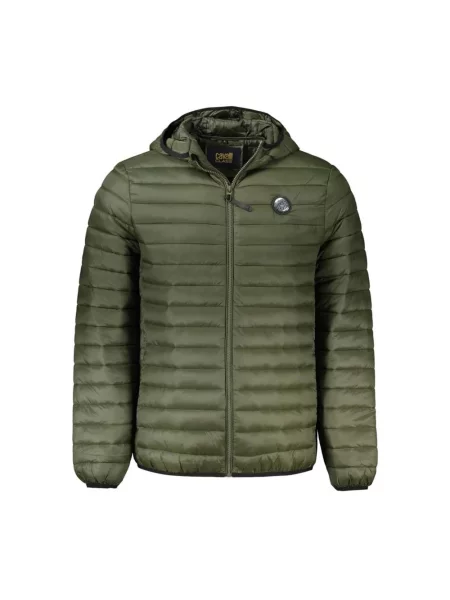 Lniana kurtka puchowa Cavalli Class z kapturem z długim rękawem zielona