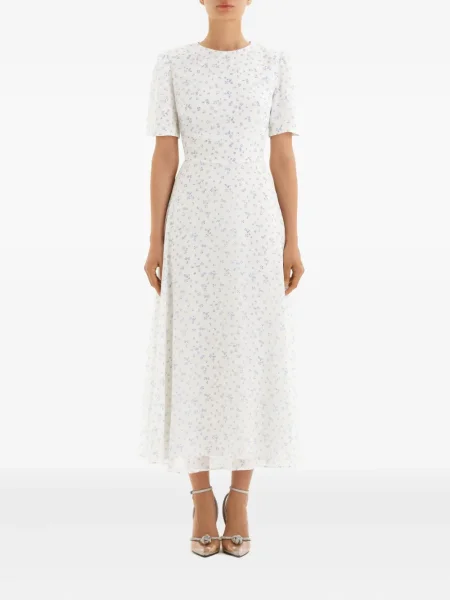 Rochie midi Post Meridiem cu model floral până la genunchi de costum alb
