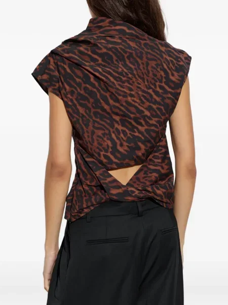 Top Ganni cu imagine cu model leopard drapat maro