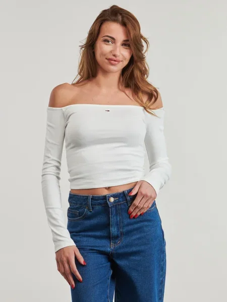 Tricou mânecă lungă Tommy Jeans cu decolteu barcă alb