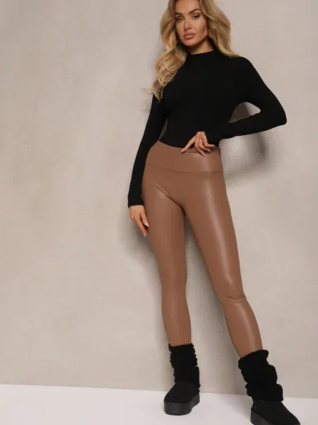 Ciemnobeżowe Legginsy z Imitacji Skóry High Waist z Polarem Selabra beżowe