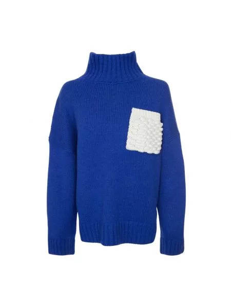 JW Anderson sweter wełniany Textured Patch Pocket Turtleneck Jumper ciepły z golfem niebieski