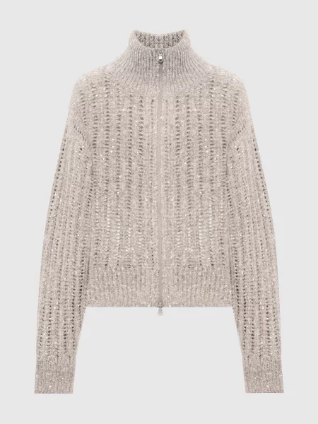 Кардиган з вовною і кашеміром з паєтками Brunello Cucinelli бежевий