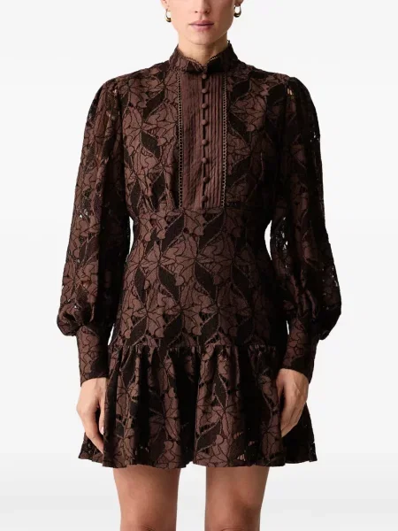 Rochie mini Bardot cu volane din dantelă maro