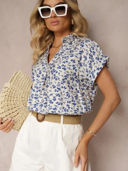 Bluză Alb-Bleumarin din cu Croială de Cămașă Ornată cu Volane Rissaila alb