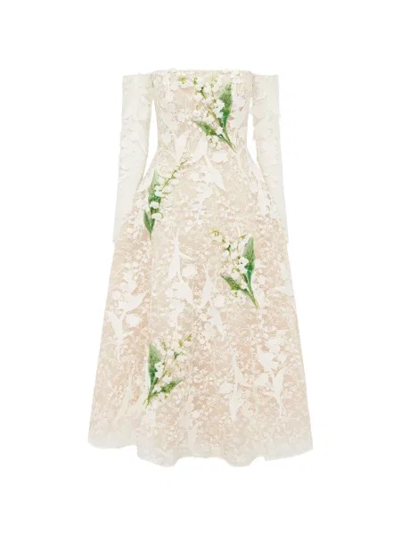 Rochie midi Leo Lin cu model floral din dantelă alb