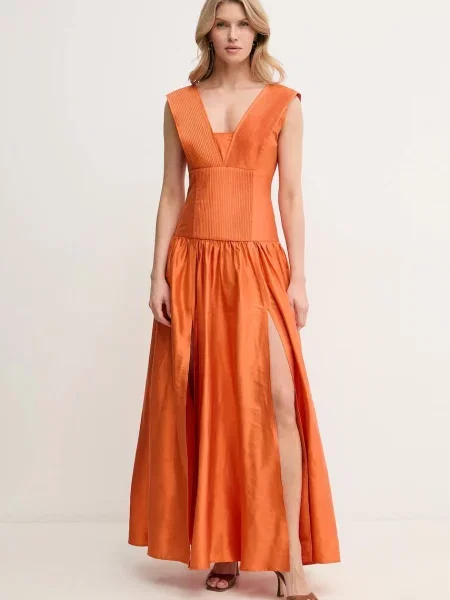 Luisa Spagnoli rochie de mătase maxi evazati portocaliu