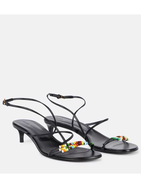 Kožené sandály Khaite na suchý zip s korálky černé