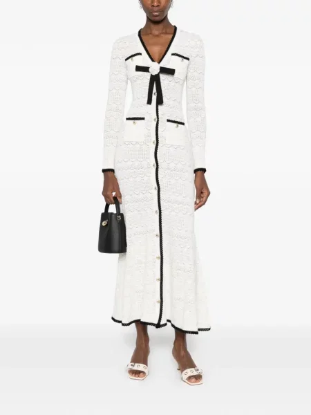 Rochie midi Self-portrait cu funde tricotate alb