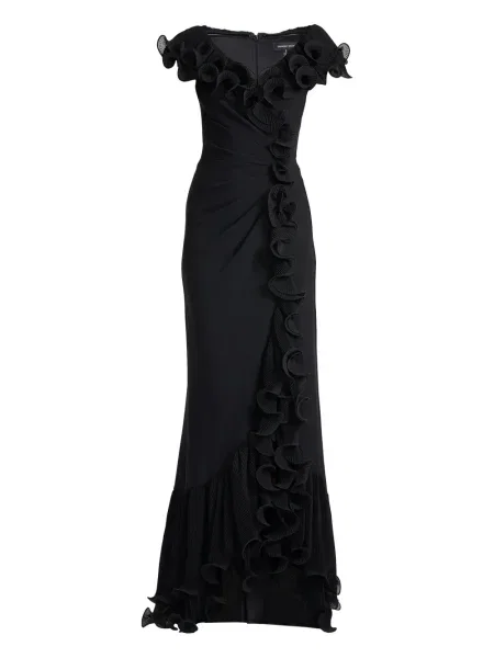 Rochie maxi Tadashi Shoji cu volane plisată de costum negru