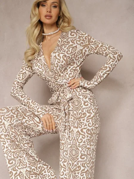 Salopeta Lungă cu Model Ornamental și Centură de Legat Feniti bej