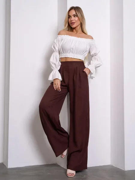 Лляні Штани палаццо ISSA Plus темно-коричневий коричневі