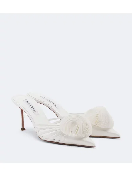 Papuci tip mules Aquazzura din satin cu model floral alb