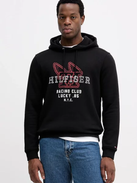 Bombažen pulover Tommy Hilfiger s kapuco črna