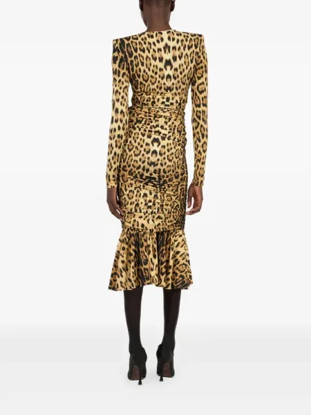 Rochie midi Roberto Cavalli cu imagine cu model leopard până la genunchi galben