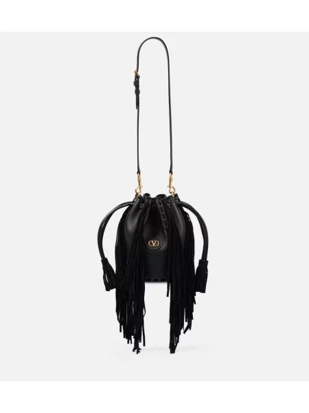 Usnjena bucket torba Valentino Garavani z obrobami črna