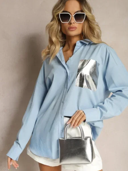 Cămașă din cu Imitație de cu Finisaj Metalic Hecilla albastră