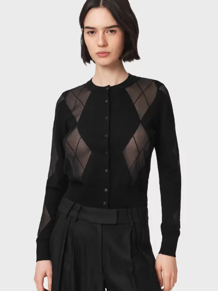 Вовняний кардиган Allsaints з принтом чорний
