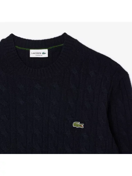 Lacoste Wełniany Sweter Warkoczowy Z Okrągłym Dekoltem granatowy
