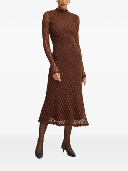 Rochie midi Bardot cu model floral din dantelă maro