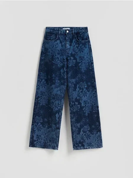Reserved Jeansy wide leg w kwiaty granatowy