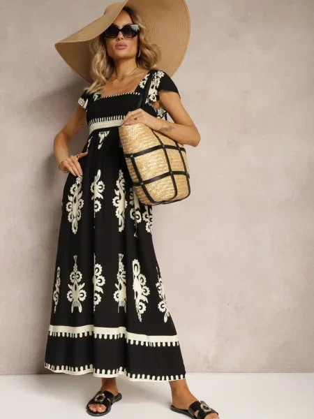 Sukienka Boho z Falbankami i Gumką w Talii na Szerokich Ramiączkach Dreria czarna