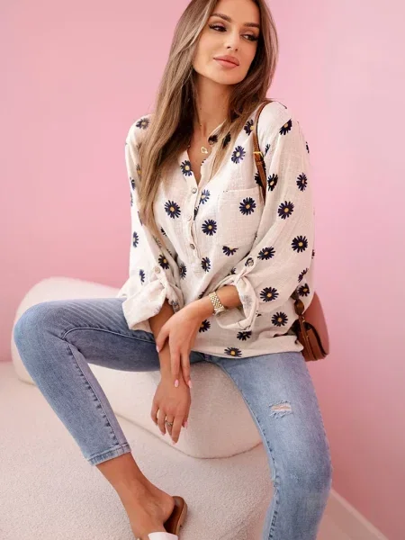 Bluză Kesi Włoski de in cu model floral cu mâneci lungi bej