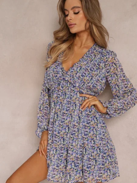 Rochie Violetă Cloș Mini cu Flori cu în Talie Antonette