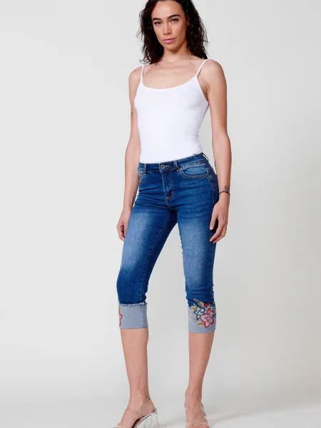 KOROSHI Kavbojke moder denim / žafran / rdeča bela