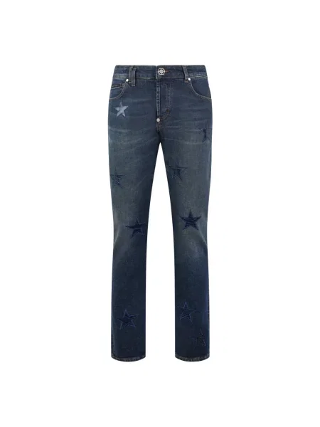 Jeansy straight leg Philipp Plein skórzane niebieskie