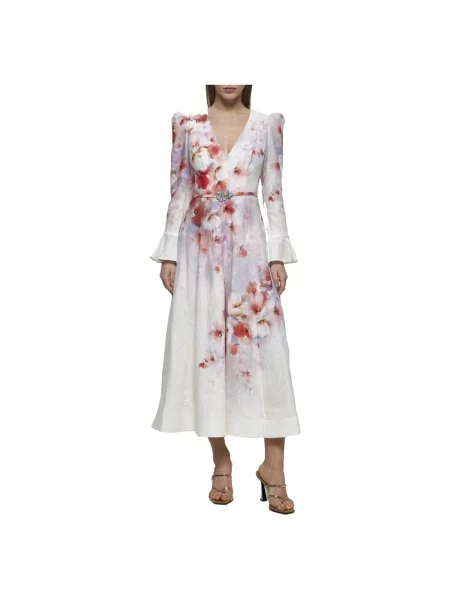 Lniana sukienka midi Zimmermann w kwiatki garniturowa czerwona