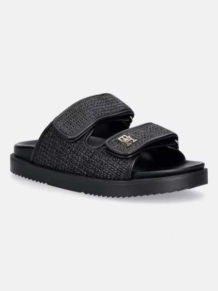 Tommy Hilfiger pantofle DOUBLE STRAP RAFFIA SANDAL černé