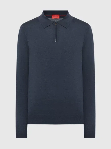 Шерстяное меланжевое поло Isaia с вышивкой синее