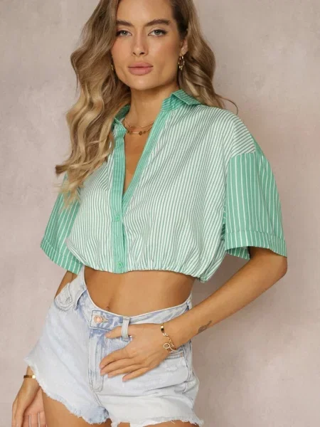 Bluzka Krótka w Stylu Retro na Ozdobiona Paskami Fito zielona
