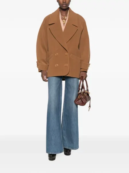 Palton Chloé cu model herringbone cu două rânduri de nasturi maro