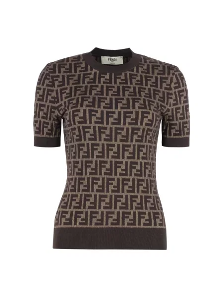 Dzianinowy sweter Fendi z krótkim rękawem brązowy