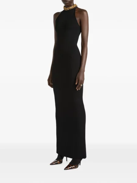 Lung rochie Balmain cu broderie din jerseu negru