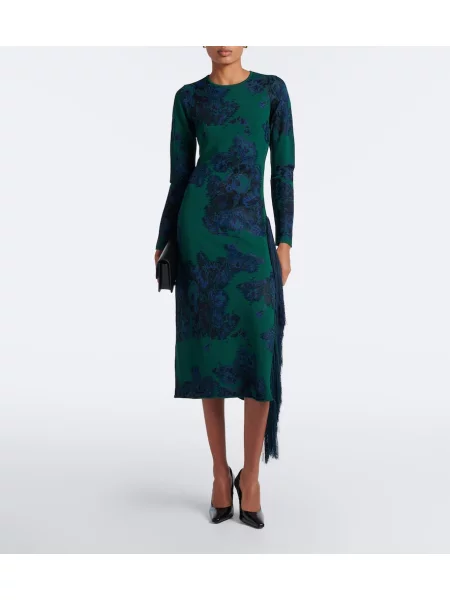 Rochie midi Erdem cu franjuri cu model floral tricotate verde