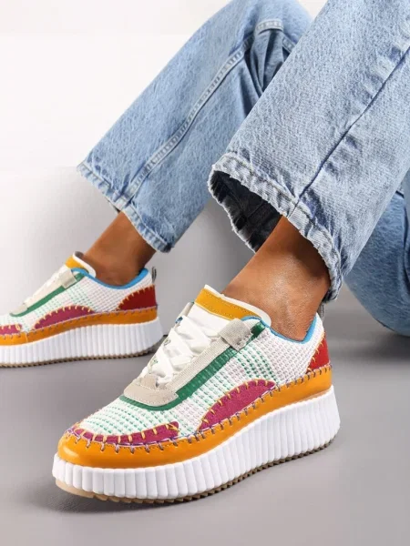 Sneakers Albi-Verzi pe Platformă cu Ținte și Inserții Patchwork Jeneria alb