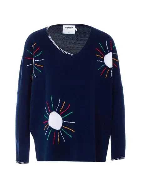 Pulover Not Shy cu broderie din cașmir cu decolteu în V albastru