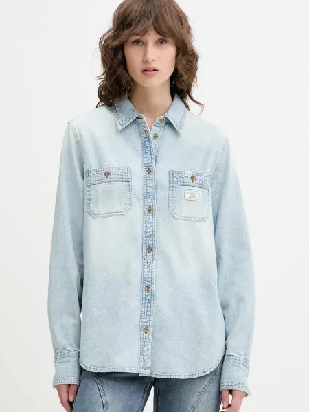 Bluzka jeansowa o kroju regular fit z na piersi i detalem z logo Guess Jeans niebieska