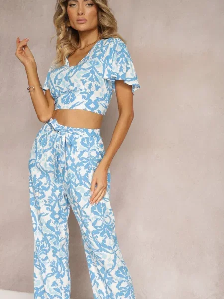 Komplet Letni Spodnie z Gumką w Pasie i Krótka Bluzka Pavilia niebieski