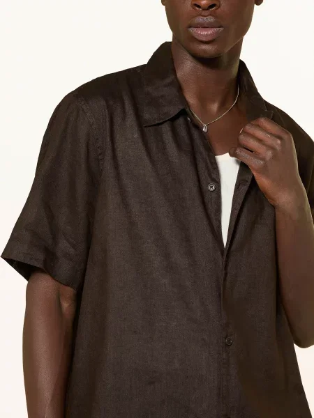 Drykorn Lněná Košile S Krátkým Rukávem Meryn Comfort Fit tmavě hnědá