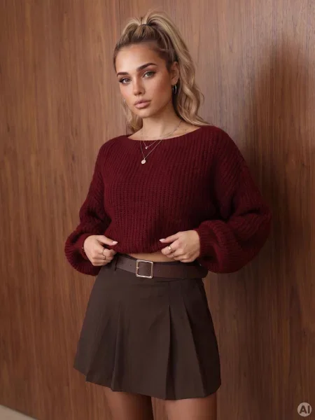 Sweter krótki z regulacją w pasie bordowy Dstreet
