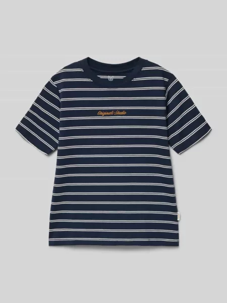 T-shirt z wzorem w paski i haftem Jack & Jones granatowa