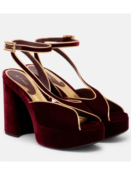 Кадифени сандали Etro на платформе винено червено