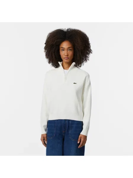 Lacoste Sweter Z Zamkiem I Warkoczowym Wzorem Kremowy biały