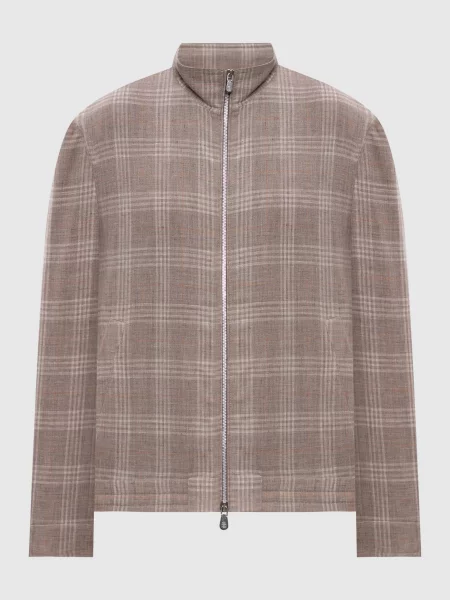 Куртка з вовни шовку та льону в клітинку Brunello Cucinelli бежева
