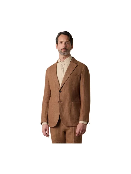 Lniany garnitur Brooks Brothers w jodełkę brązowy