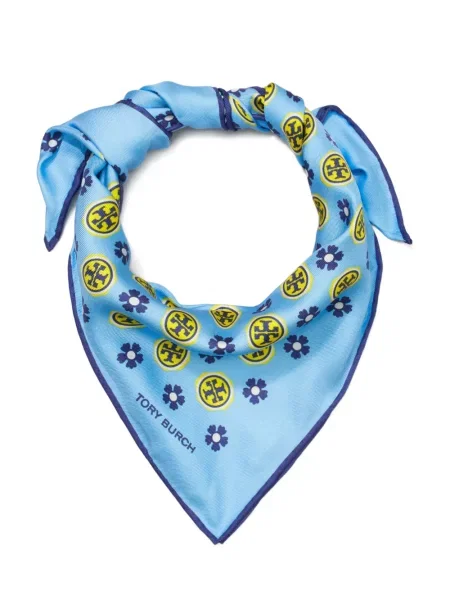 Fular Tory Burch cu model floral cu autograf albastru